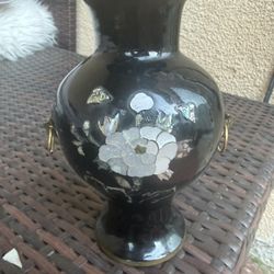Vintage 60s  Black Lacquer Mother of Pearl Vase w/ Brass Handles grandmillinial decor