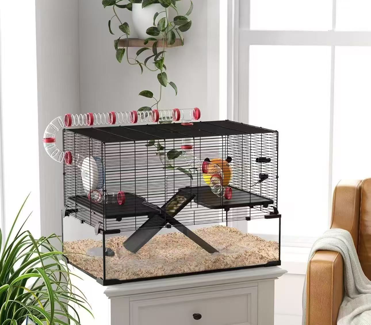 Extra Large Hamster Cage with Tube Tunnel, Small Animal Cage for Dwarf Hamster, Rat, Gerbil Cage with Deep Glass Bottom, Water Bottle, Food Dish, Exer