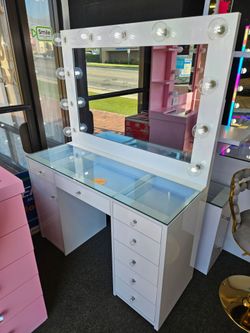 Vanity White 7 Drawers & Storage Door W/ XL Hollywood Mirror $599