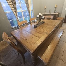 Solid Wood Farmhouse Dining Table Set w/ Bench – Seats 6–8