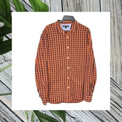 Banana Republic Orange & Navy Checked Long-Sleeve Button Shirt Men Large