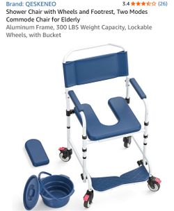 Shower Chair with Wheels and Footrest, Two Modes Commode Chair for Elderly Aluminum Frame, 300 LBS Weight Capacity, Lockable Wheels, with Bucket