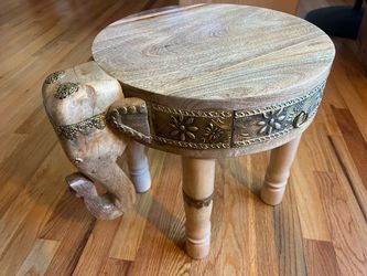 Carved Wood Elephant Side Table with Brass Inlay