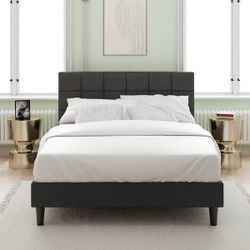 Full Size Modern Upholstered Platform Bed in Grey with Stylish Square Stitch (Assembled) $100