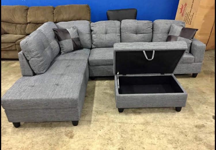 New  Gray Sectional Sofa Couch With Storage Ottoman And Pillows New In Packaging 