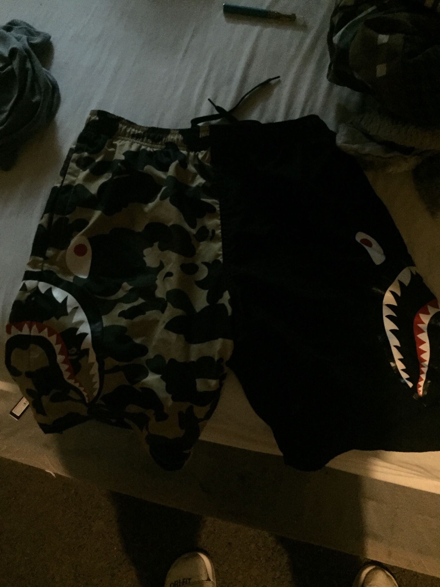 BAPE half 1st camo shark shorts