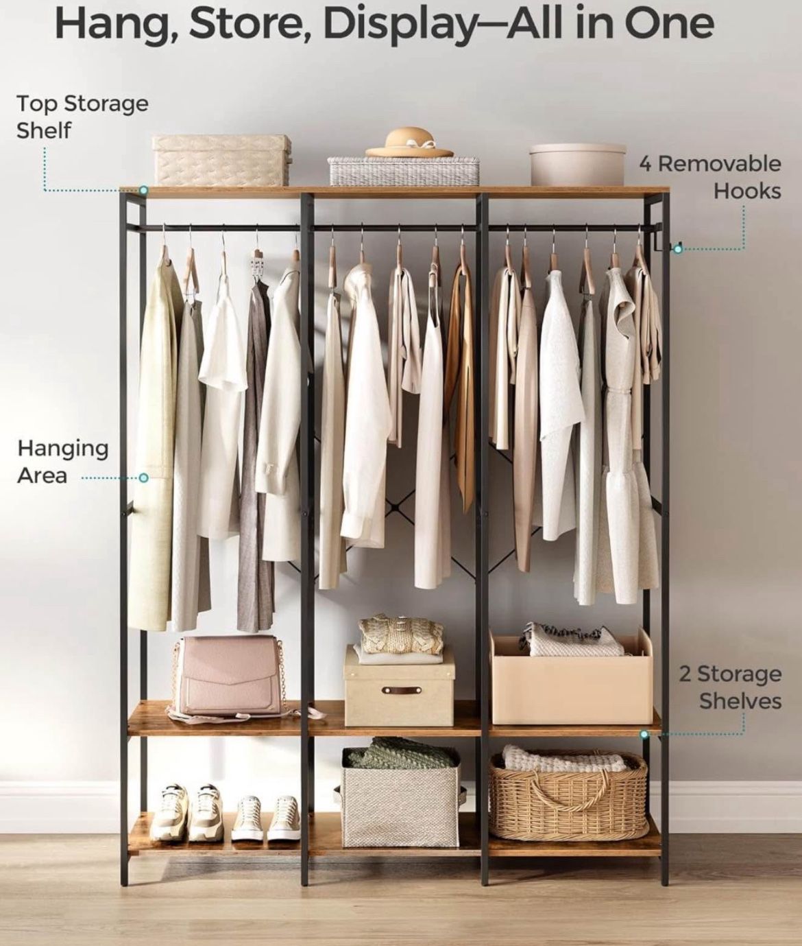 Clothes Rack, Iron and Wood Wardrobe Closet Organizer, Heavy Duty Garment Rack with Hanging Rods, Closet Shelves, Removable Hooks, 15.7 x