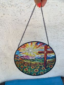 Stained Glass Style Cross Suncatcher Wall Hanging Ornament