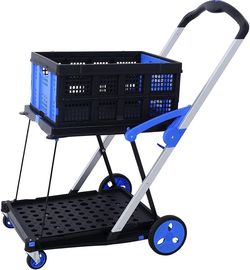 L438-2-Tier Folding Hand Truck Dolly, Multifunction Collapsible Carts with Brake Wheels & Retractable Handle Large Capacity Utility Cart with Storage