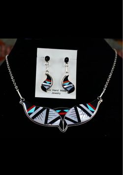 Zuni inlay sterling silver necklace set