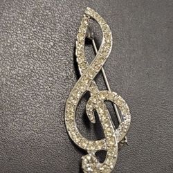 Silvertone Music Note With Clear Rhinestones Brooch