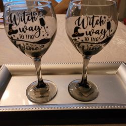 Set Of Two Smoky Black Witch Wine Glasses