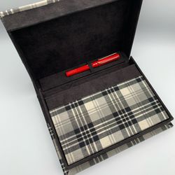 Handmade Notebook In Clamshell Box Finished In Black And White Checked Material, Including Red Lamy Fountain Pen And 5 Cartridges