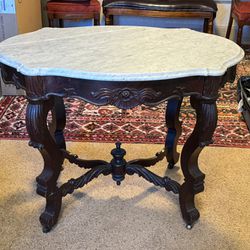 Antique Victorian Hand Carved Table With Marble Top
