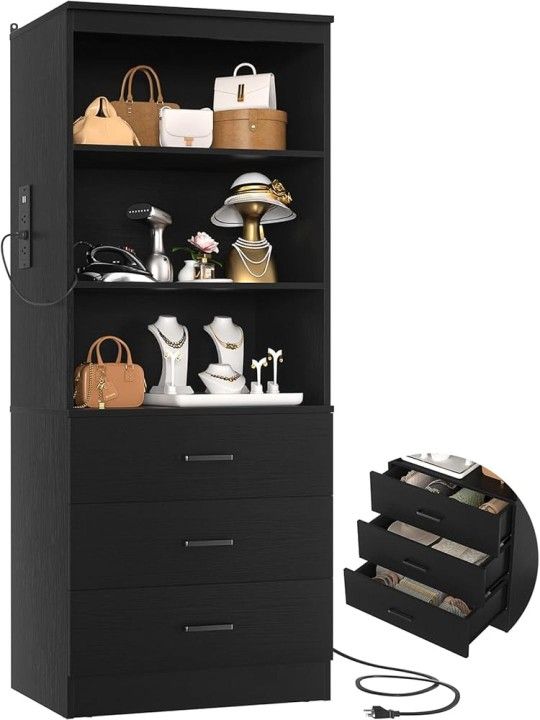 L211 23.6" Closet Drawers System, Wood Closet Organizer System with 3 Drawers, Modular Small Walk-in Closets Storage Unit, Black (23.6"L x 13.8"