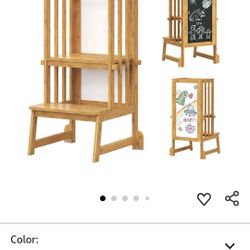 Bamboo Toddler Tower, 3 in 1 Adjustable Learning Standing Tower, Kitchen Bathroom Stool for Kids with Chalkboard, Backrest and Nonslip Feet, Anti-tip 