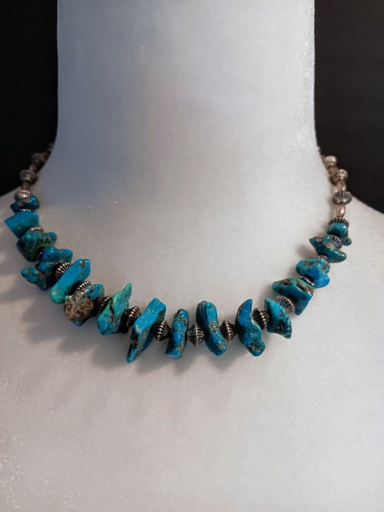 Navajo Silver Beaded & Turquoise Nugget Chocker Necklace