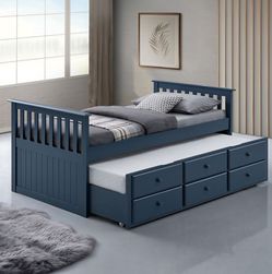 Captain bed Midnight Blue finish, Trundle w 3 drawer storage unit. New Especial price