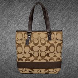 Coach Signature Jacquard Brown Leather Trim Tote Bag