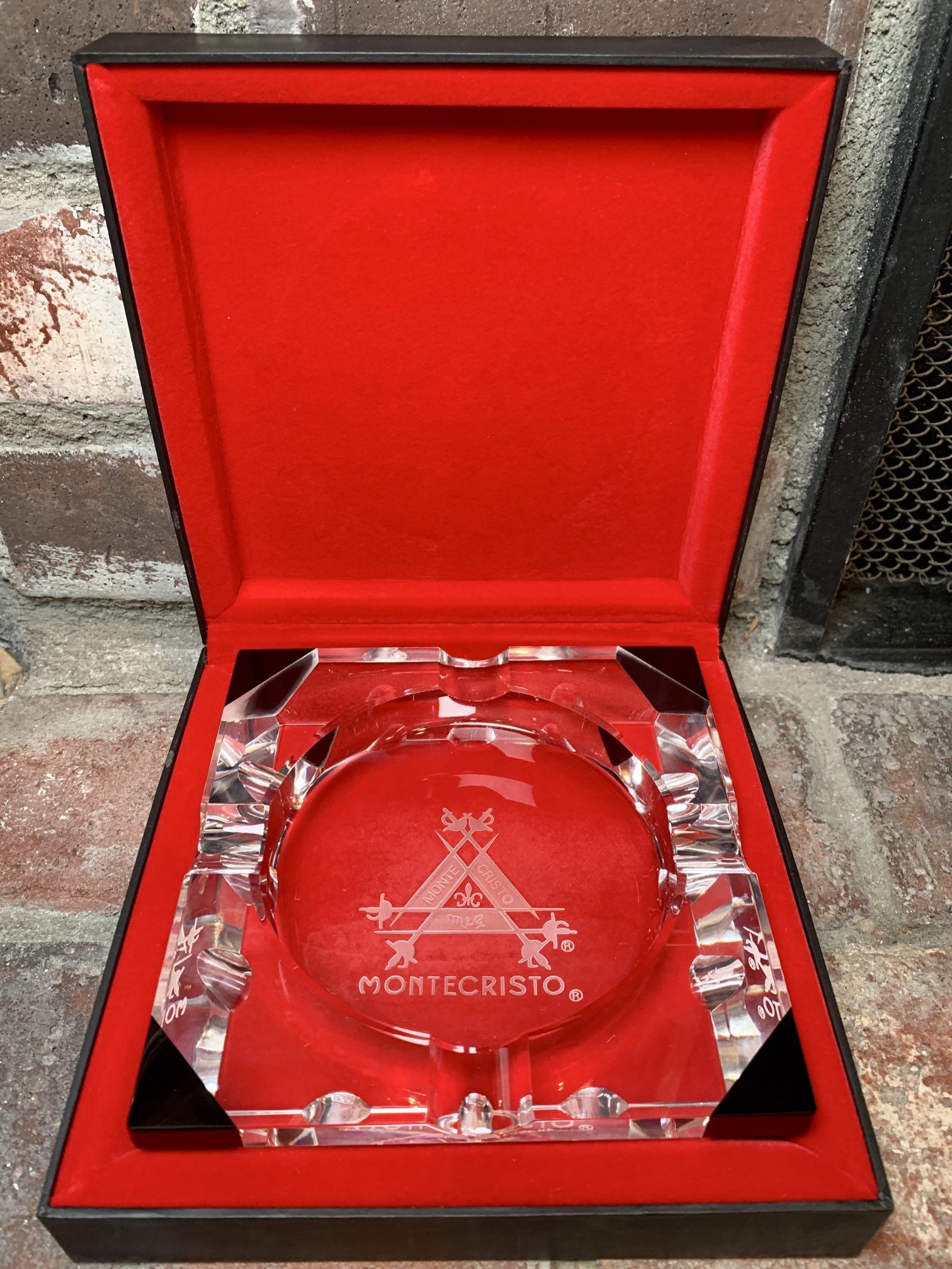 Montecristo Cigar Crystal Ashtray with Black Corners in Original Box