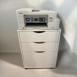 Brother Printer with white printer stand with storage