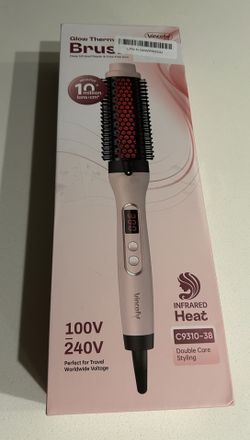 Infrared Thermal Brush, Dual Voltage Heated Round Brush, Shell Pink 1 1/2 Inch Negative Ions Straightener & Curling Iron Brush 2 in 1, Dual PTC Non-Bl