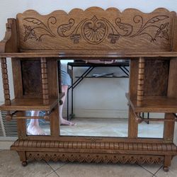 Victorian Antique Tiger Oak Wall Mirror/ Buffet