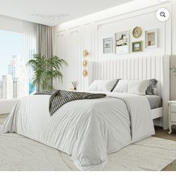  Cerlin Full Size Upholstered Platform Bed Frame with Velvet Channel Wingback Headboard, Off White  Wingback Headboard Design: The channe