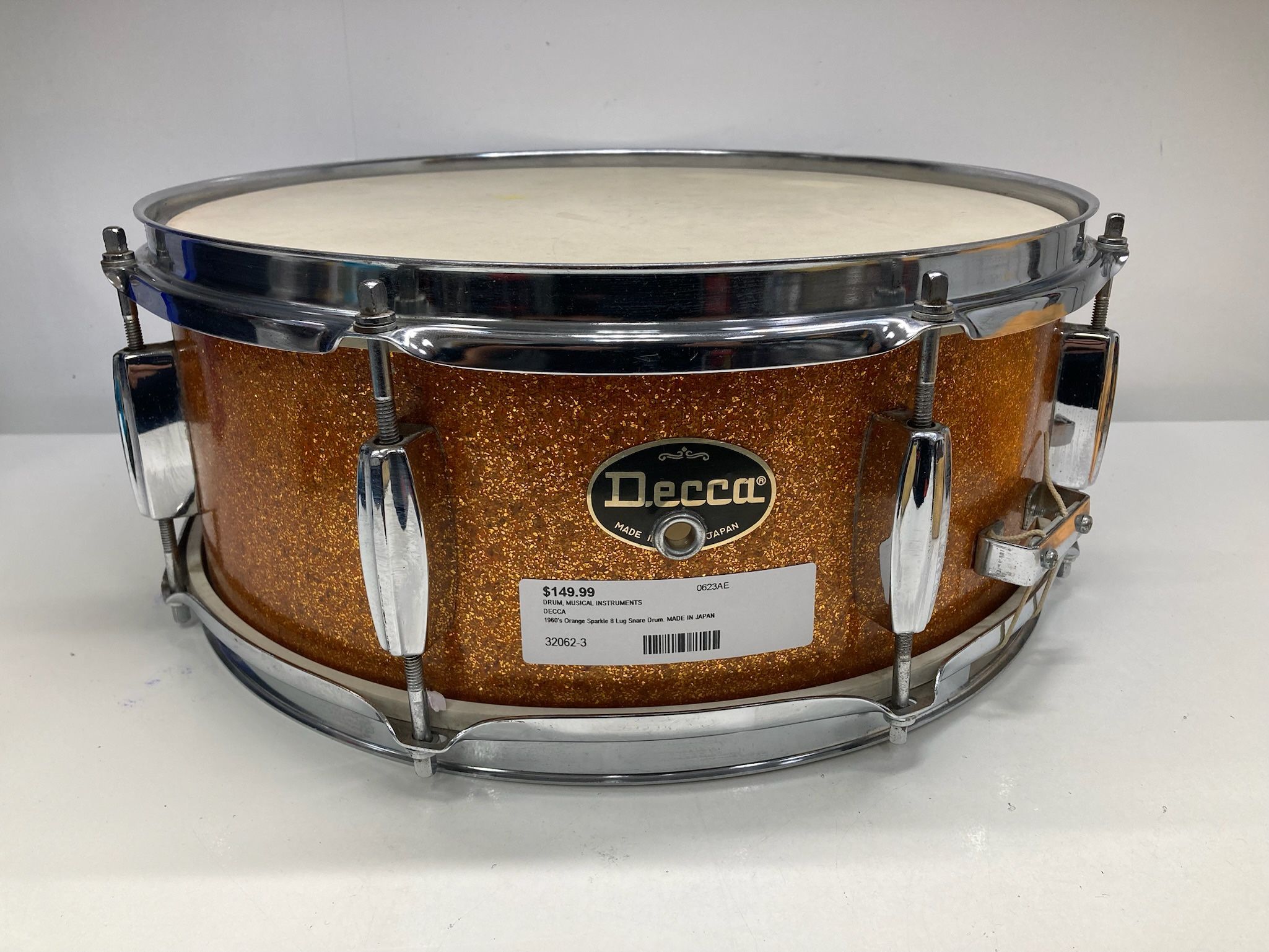 DECCA 1960's Orange Sparkle 8 Lug Snare Drum, Made in Japan