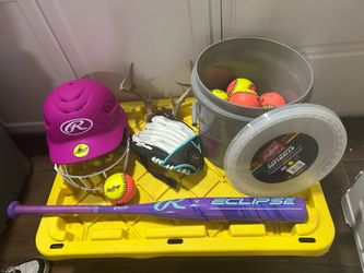 Girls’ Softball Starter Set – Rawlings Bat, Helmet, Glove & Training Balls – $65
