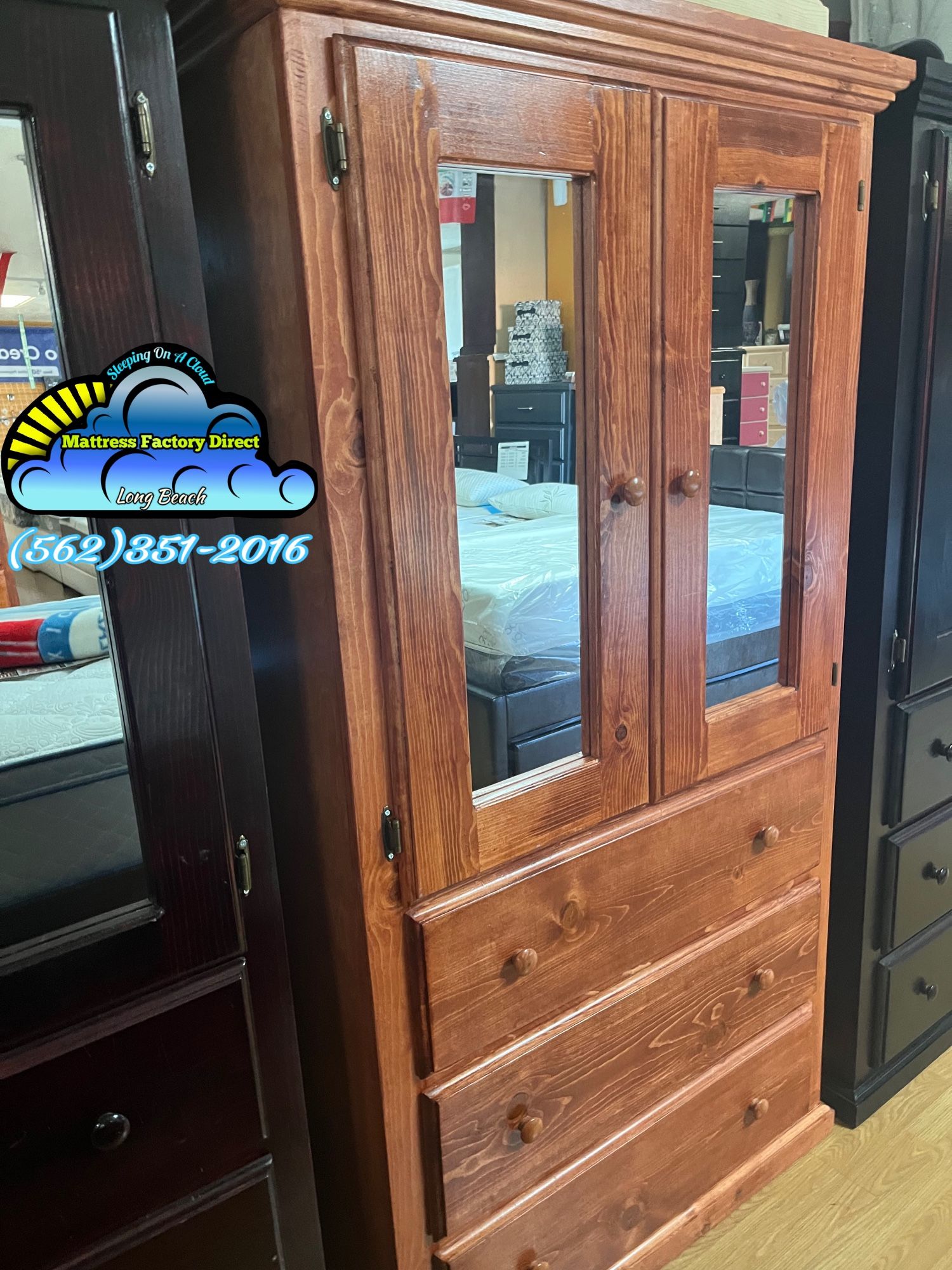 Oak Wood Tall Wardrobe Double Door With Mirrors + Jumbo Drawers