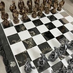 Glass Top Chess Set. All The Dragons Are Made Of Pewter 