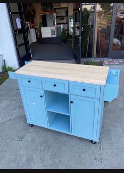 $180.00!! New Wooden Farmhouse Kitchen Island w/ Drop Leaf Countertop & Wheels Portable Rolling Island. 54-3/8" X 17-5/8"