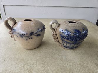 Unique Glazed Pottery Vessel's with Blue Cobalt Colored Accents