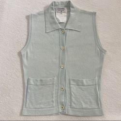 Chanel boutique vintage knitted vest In Duck Egg Blue cc buttons size 34