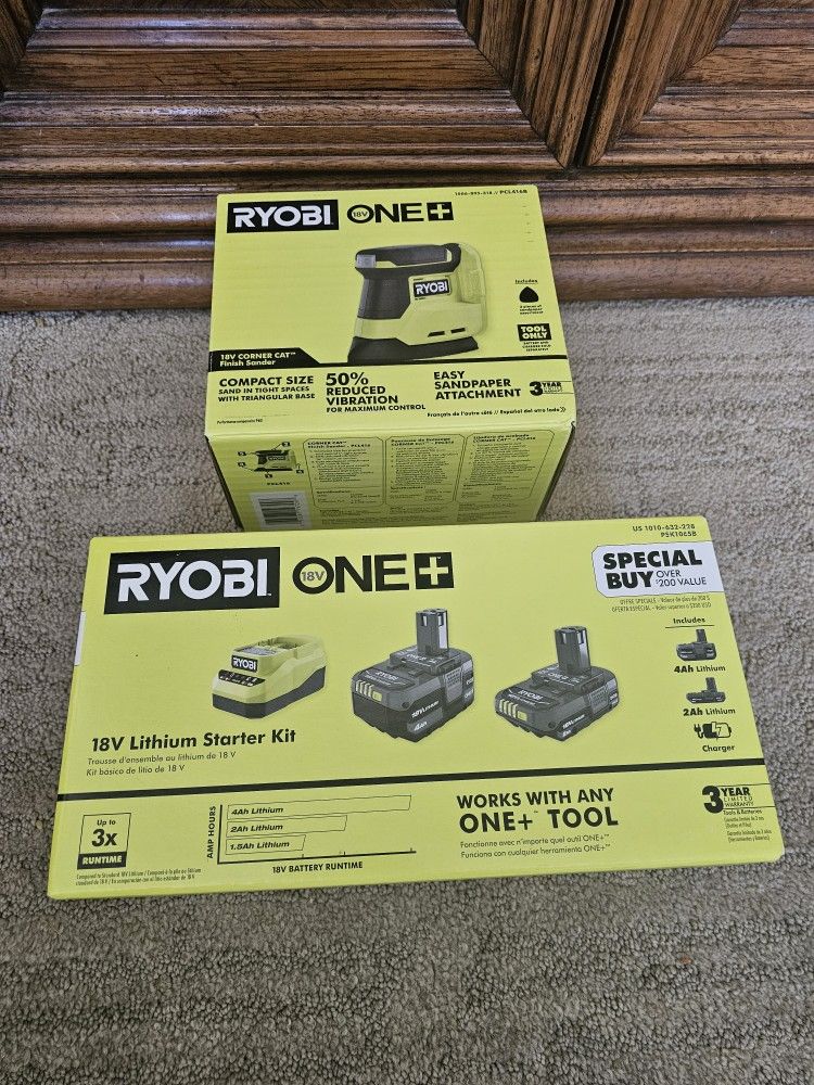 RYOBI 18V 2 BATTERIES WITH CHARGER AND RYOBI 18V CORNER CAT FINISH SANDER
BUBDLE ITEMS BOTH BRANDNEW UNOPENED.
BUNDLE PRICE $140
BATTERIES AND CHAR
