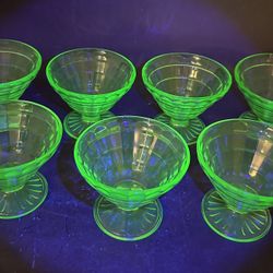 Vintage Lot of 8 (1 not pictured) Green Uranium Block Optic Depression Glass Footed Dessert Cups