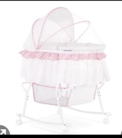 Dream On Me Lacy Portable 2-In-1 Bassinet & Cradle In Pink And White, Lightweight Baby Bassinet With Storage Basket, Adjustable And Removable Canopy P