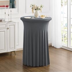 Gray Round 32x43 Inch Spandex Cocktail Tablecloth with Wavy Skirt Gray Fitted Stretch
