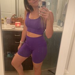 Matching Set, Yoga Basic Ribbed Knit Wideband Waist Sports Set, Medium, Purple