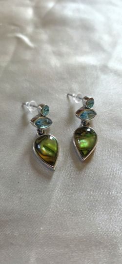 Unique Silver-Toned Dangle Earrings with Iridescent Green & Blue Stones