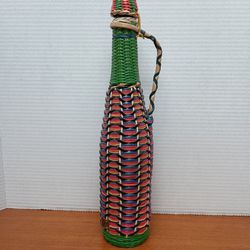 Mid Century Vintage 60s Decanter Bottle Scoubidou Wrapped Woven Plastic Euro Boho Barware
