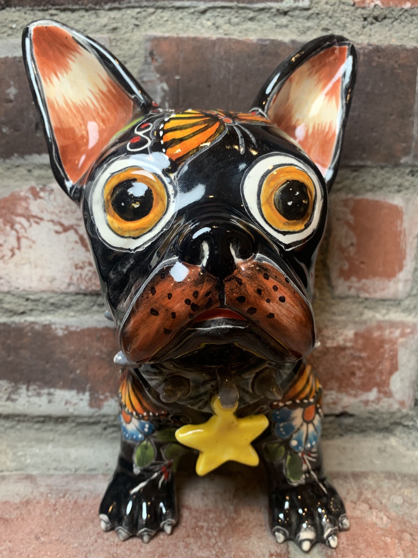 Rare Cute Colorful Talavera French Bulldog Statue Handcrafted In Mexico Wall Art