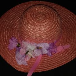 Ladies ATLAS Pink Straw Sun Hat With Flower Arrangement Front
