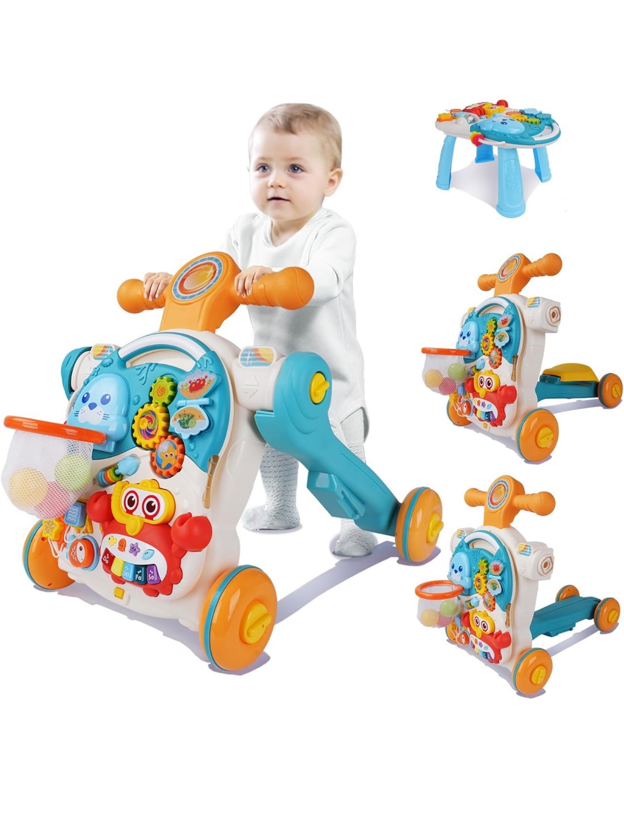 Brandnew 5 in 1 Baby Push Walkers and Activity Center, Sit-to-Stand Learning Walker, Assemble As Scooter/Motorbike/Activity Center/Detachable Panel, W
