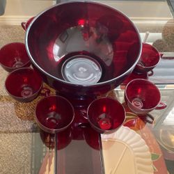 Antique Vintage Very hard To Find  Red Punch Bowl Set