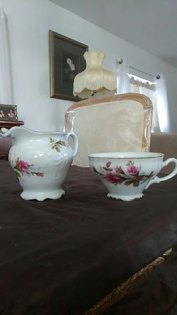 Shabby Chic White Creamer and Tea Cup With Pink Roses
