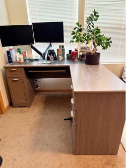 L-Shaped Home Office Desk Setup with Dual Monitors & Arm - Local Pickup Only