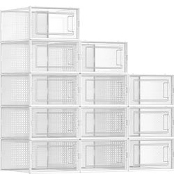 SONGMICS Shoe Storage Organizers Stackable Clear Plastic Boxes Set of 12 - White