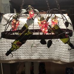 Custom Metal Hanging Lighted Wine Bottle And Wine Glasses Rack